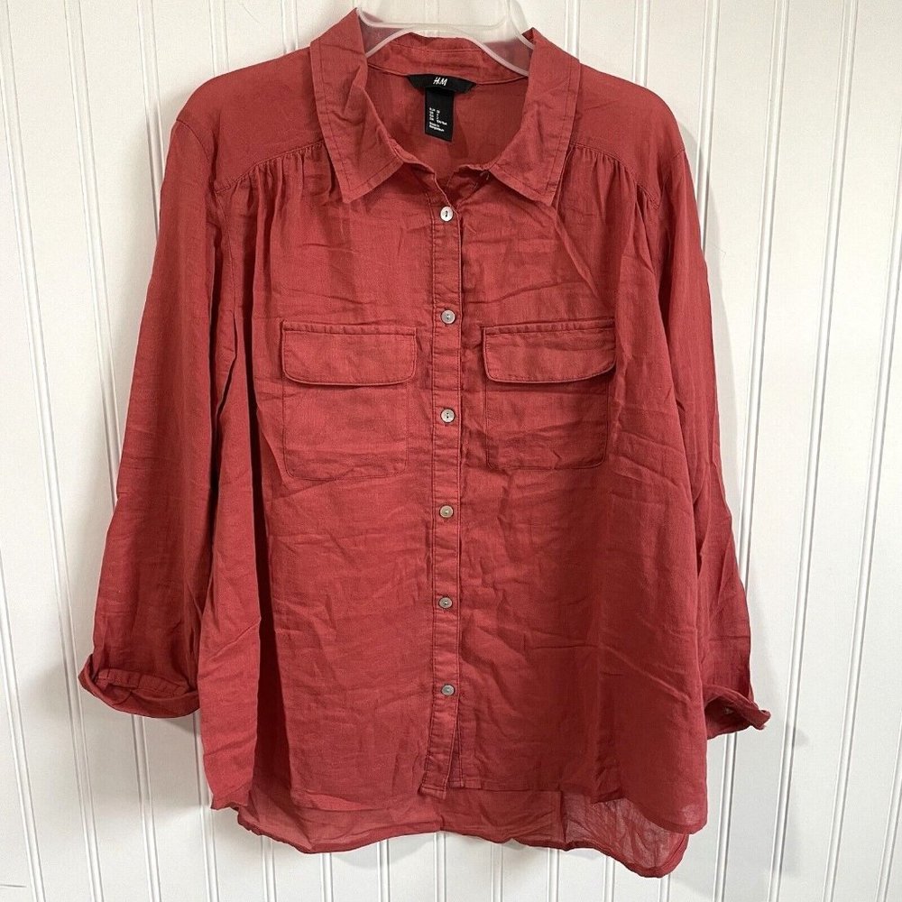 H&M Shirt Womens 2 Mauve Pink Button Down Lightweight‎ Top Cotton Semi Sheer